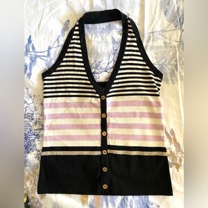 Les Copains Black and White Striped Top with Pink Accents